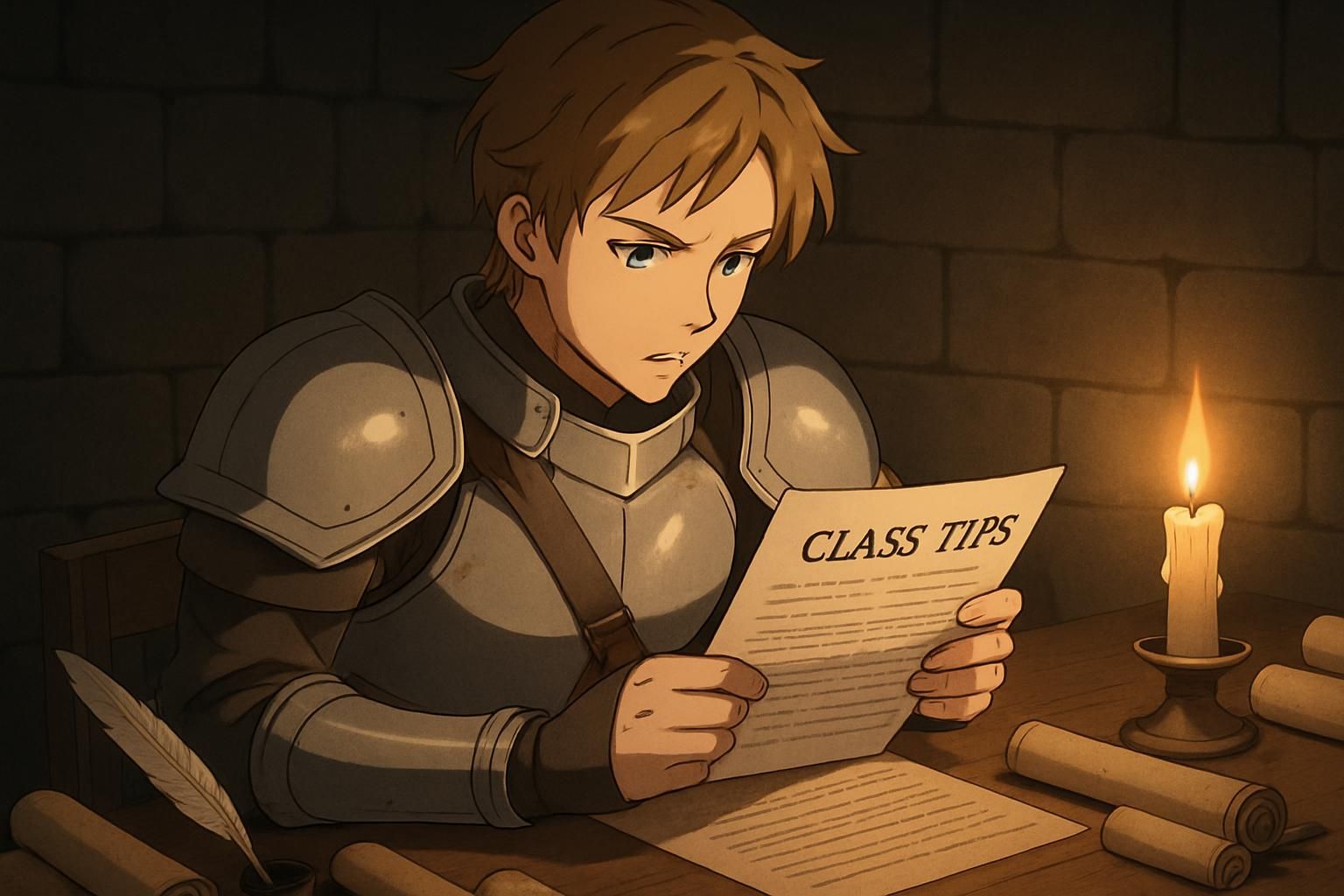 A young warrior studies parchment amidst a cluttered wooden table. A young warrior studies parchment amidst a cluttered wooden table.