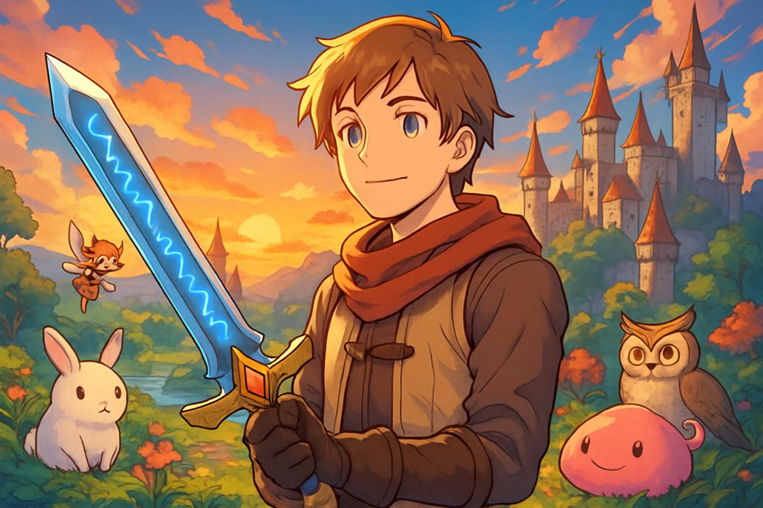 A young adventurer with a glowing sword explores a mystical fantasy landscape. A young adventurer with a glowing sword explores a mystical fantasy landscape.