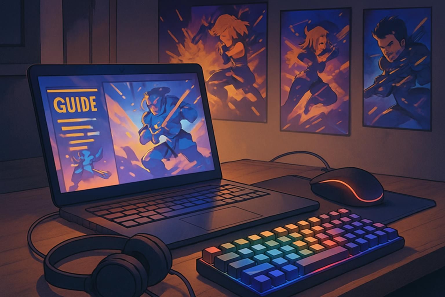 A cozy gaming desk setup with colorful tech and vibrant decor. A cozy gaming desk setup with colorful tech and vibrant decor.