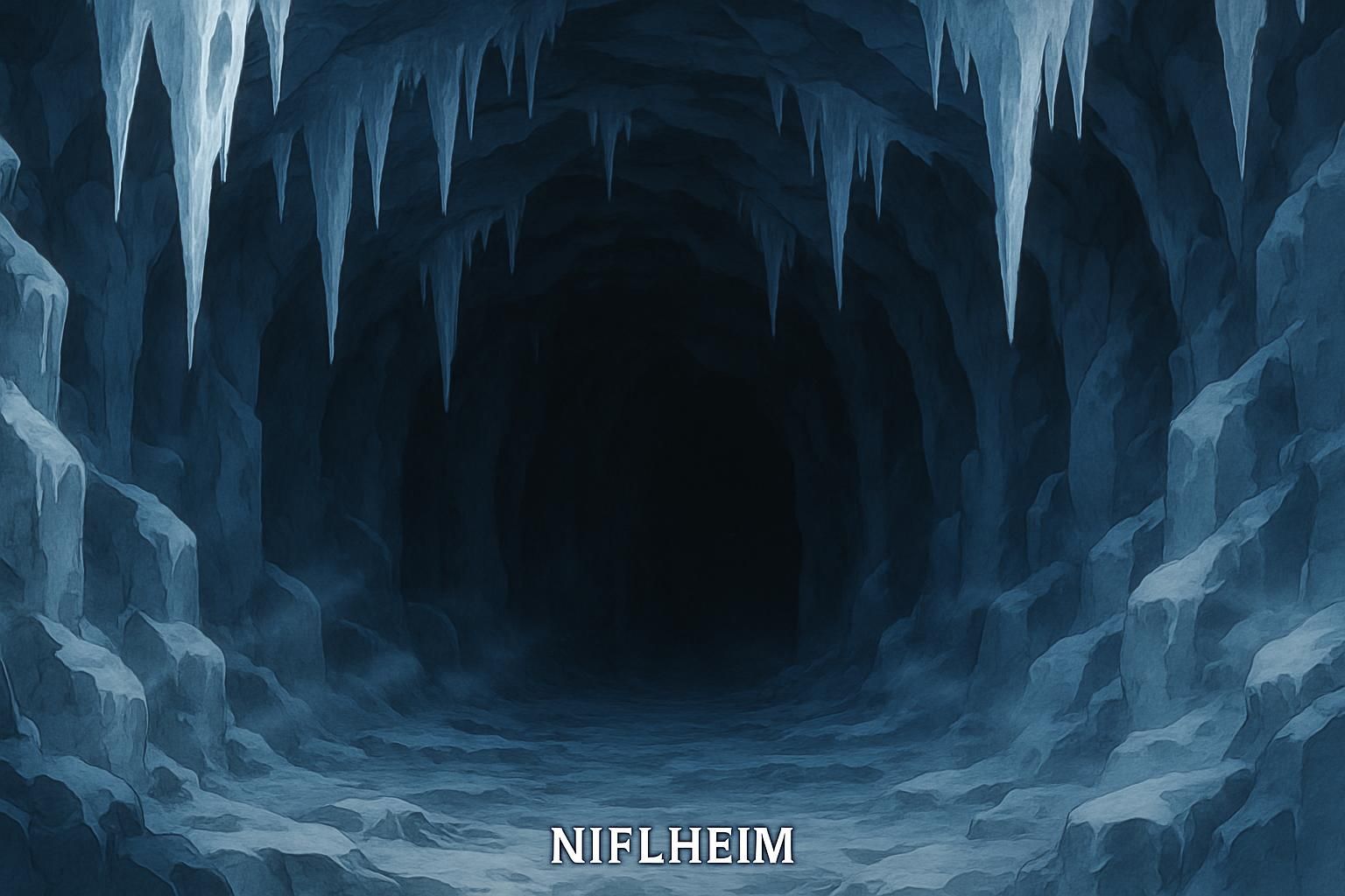 A mysterious ice cave in Niflheim exudes a chilling, silent atmosphere. A mysterious ice cave in Niflheim exudes a chilling, silent atmosphere.