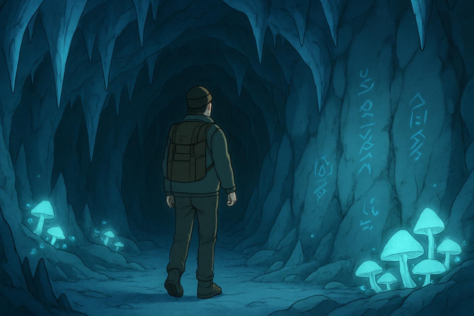 A lone explorer navigates a mystical, icy cave filled with ancient symbols. A lone explorer navigates a mystical, icy cave filled with ancient symbols.