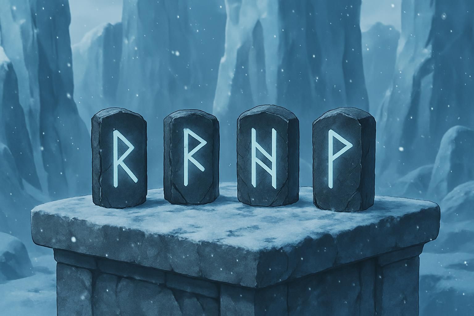 Four ancient ciphers on a pedestal in a serene, icy landscape.