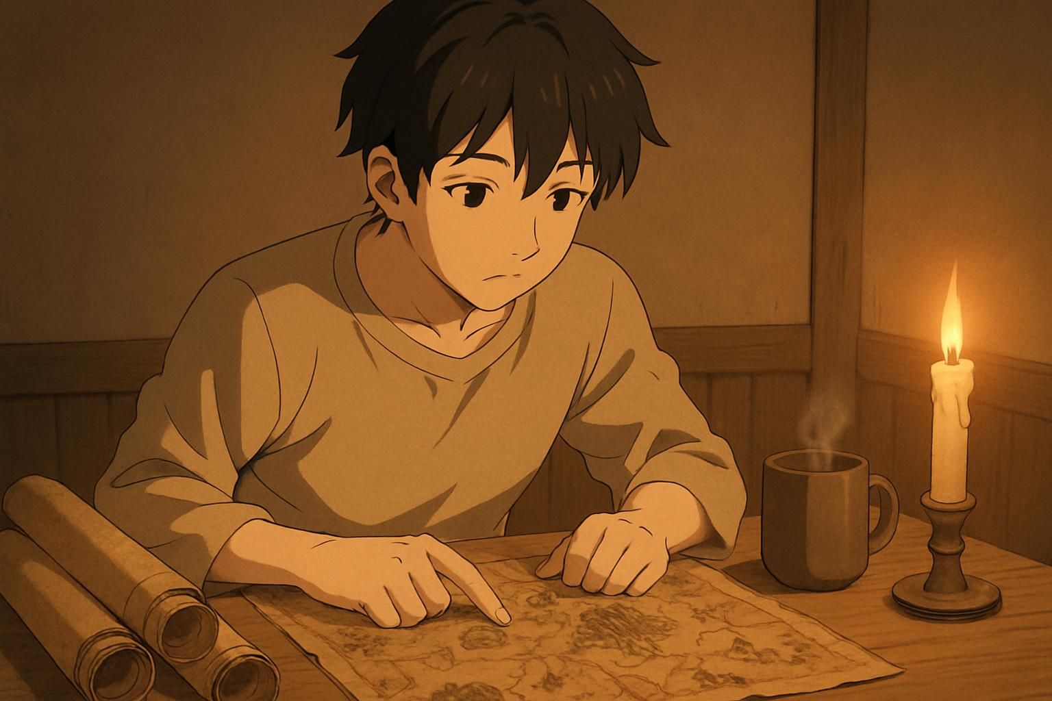 A young character studies an ancient map at a wooden table. A young character studies an ancient map at a wooden table.
