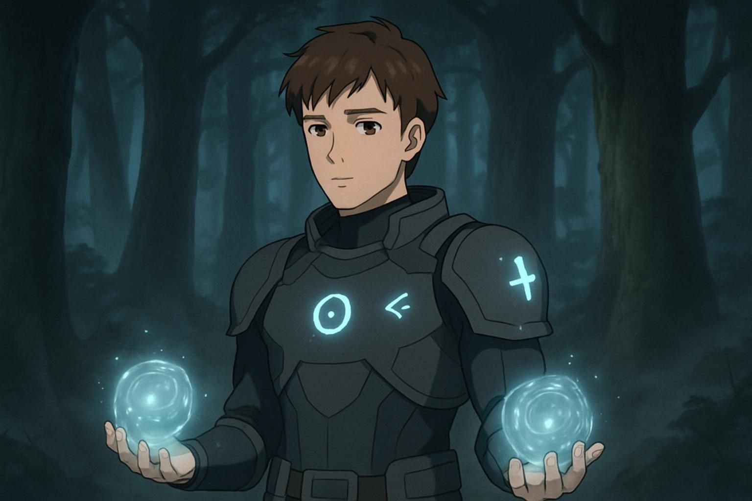 A young man in futuristic armor wields orbs of swirling energy. A young man in futuristic armor wields orbs of swirling energy.