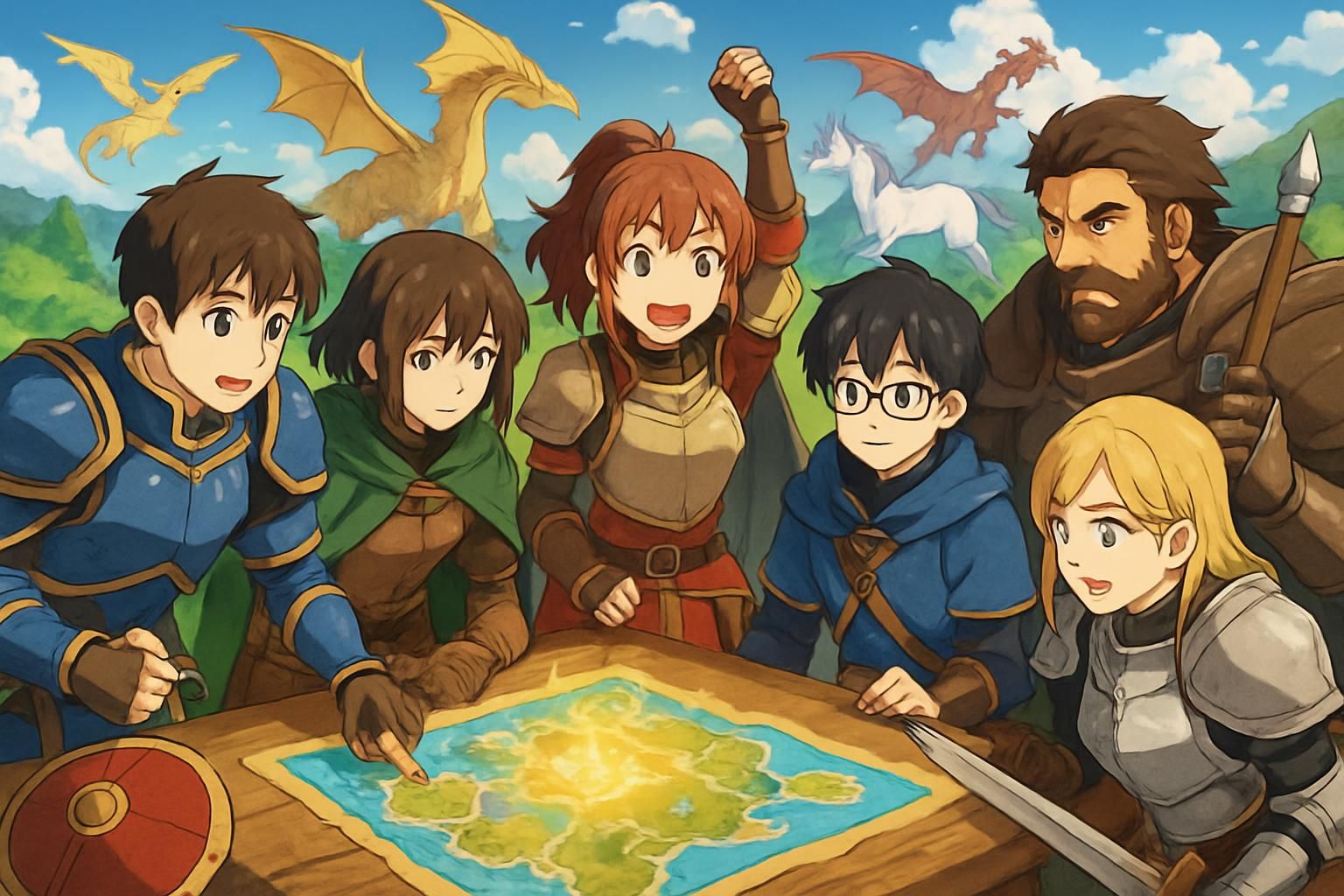 A diverse group strategizes around a magical map in a fantasy game. A diverse group strategizes around a magical map in a fantasy game.