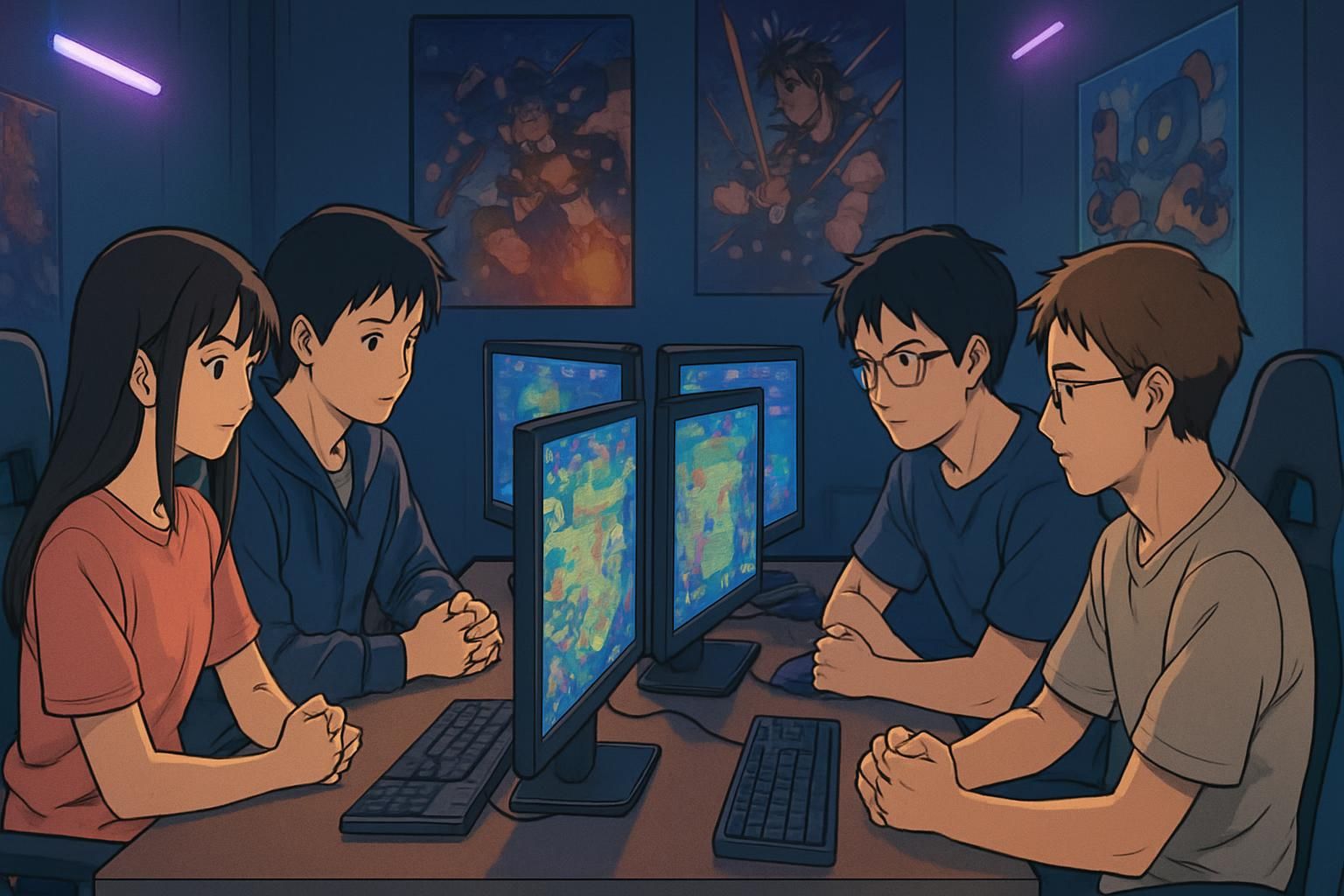 A group of friends strategizes together in a cozy gaming hub. A group of friends strategizes together in a cozy gaming hub.