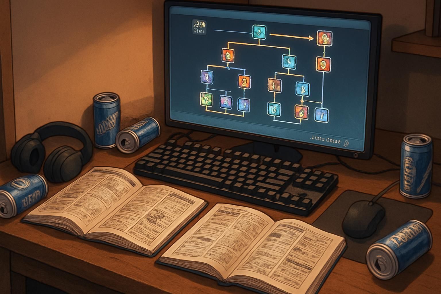 Cozy gaming desk with guides, energy drinks, and a glowing screen. Cozy gaming desk with guides, energy drinks, and a glowing screen.