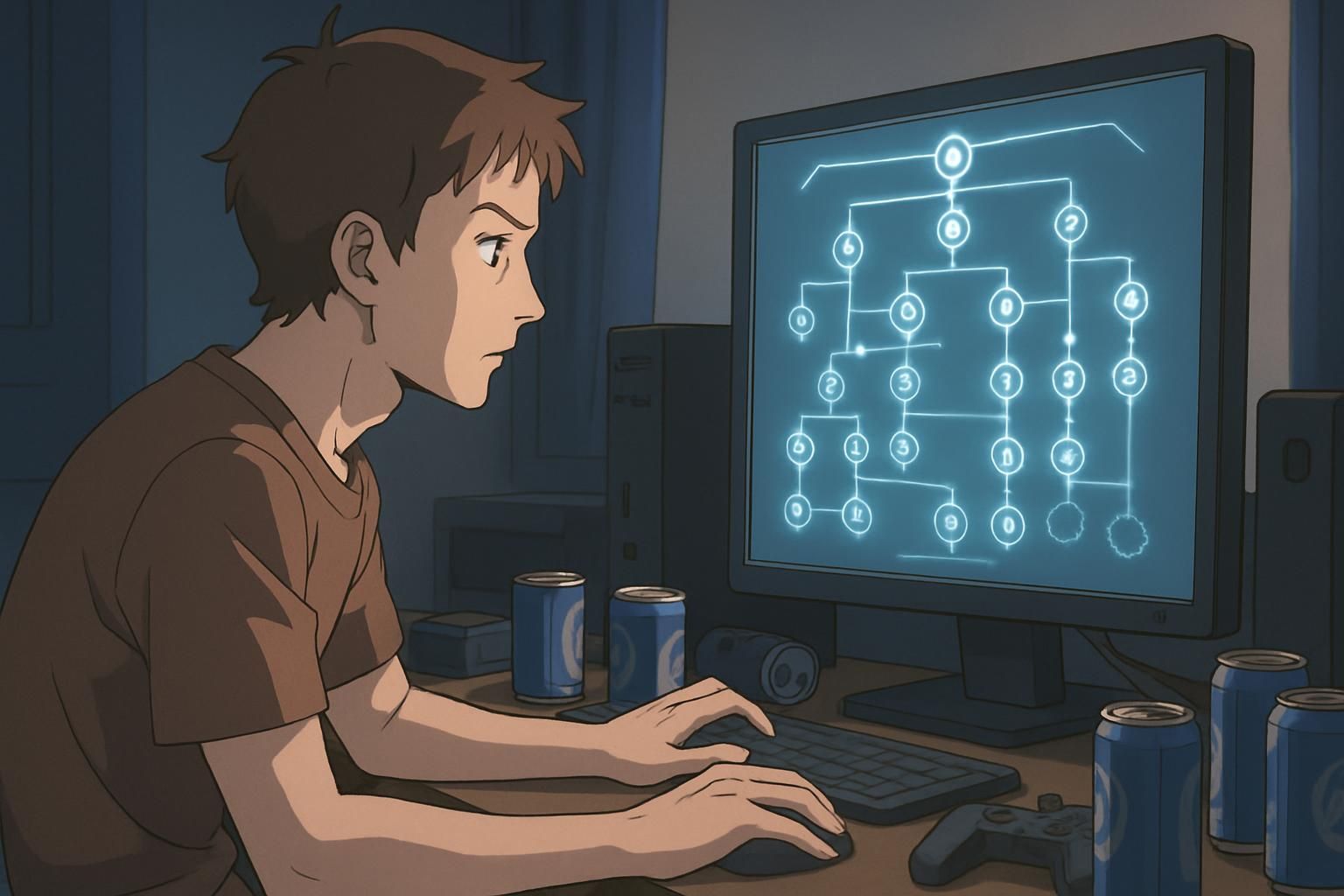 A focused young man studies a glowing skill tree at his desk. A focused young man studies a glowing skill tree at his desk.