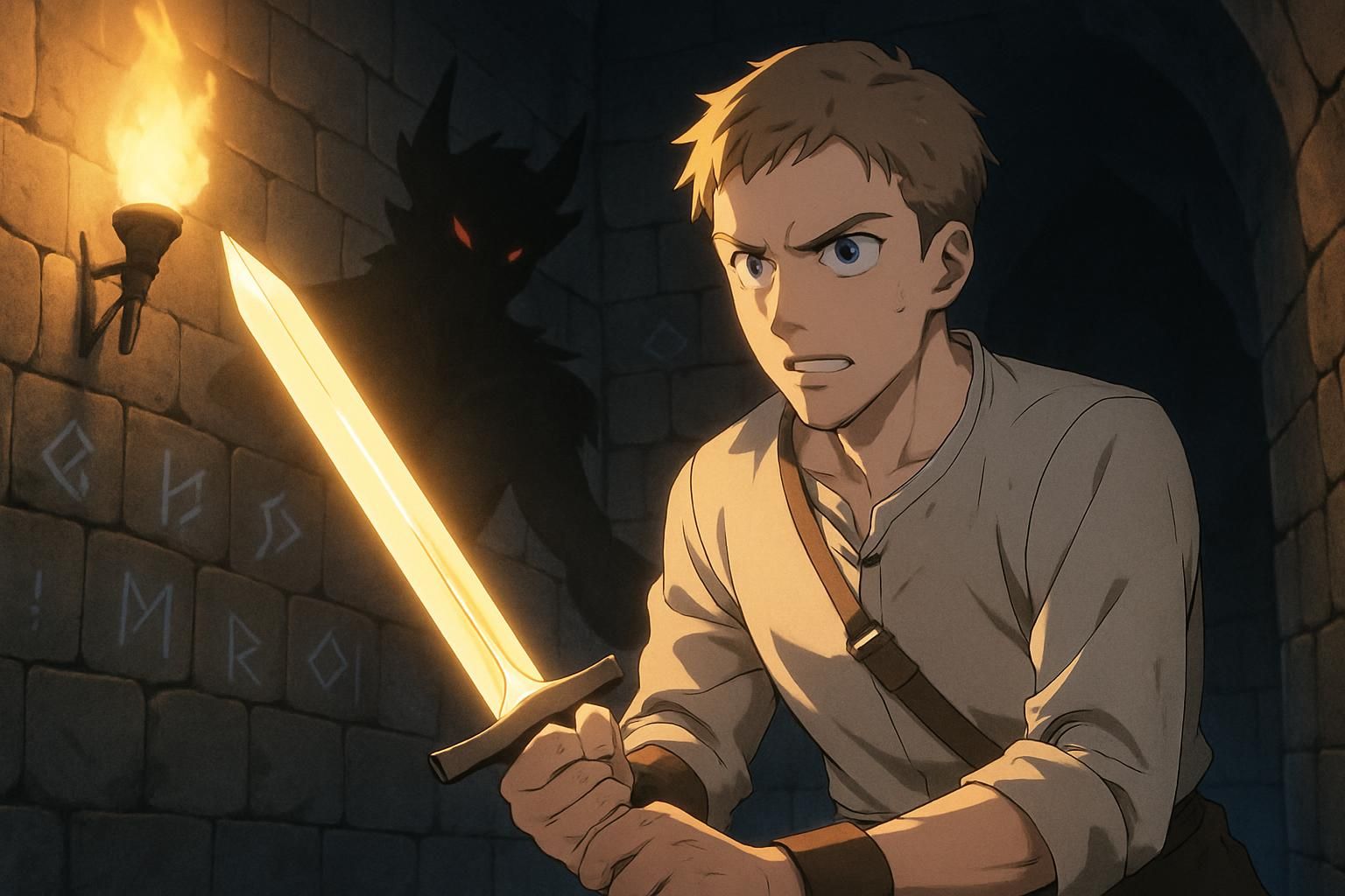 A determined man prepares to confront a shadowy creature with a sword.