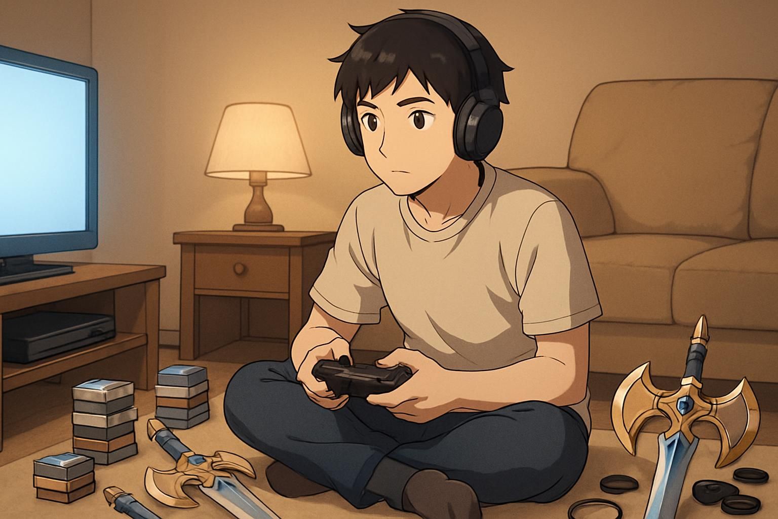 A young adult gaming enthusiast immersed in a cozy, casual room. A young adult gaming enthusiast immersed in a cozy, casual room.