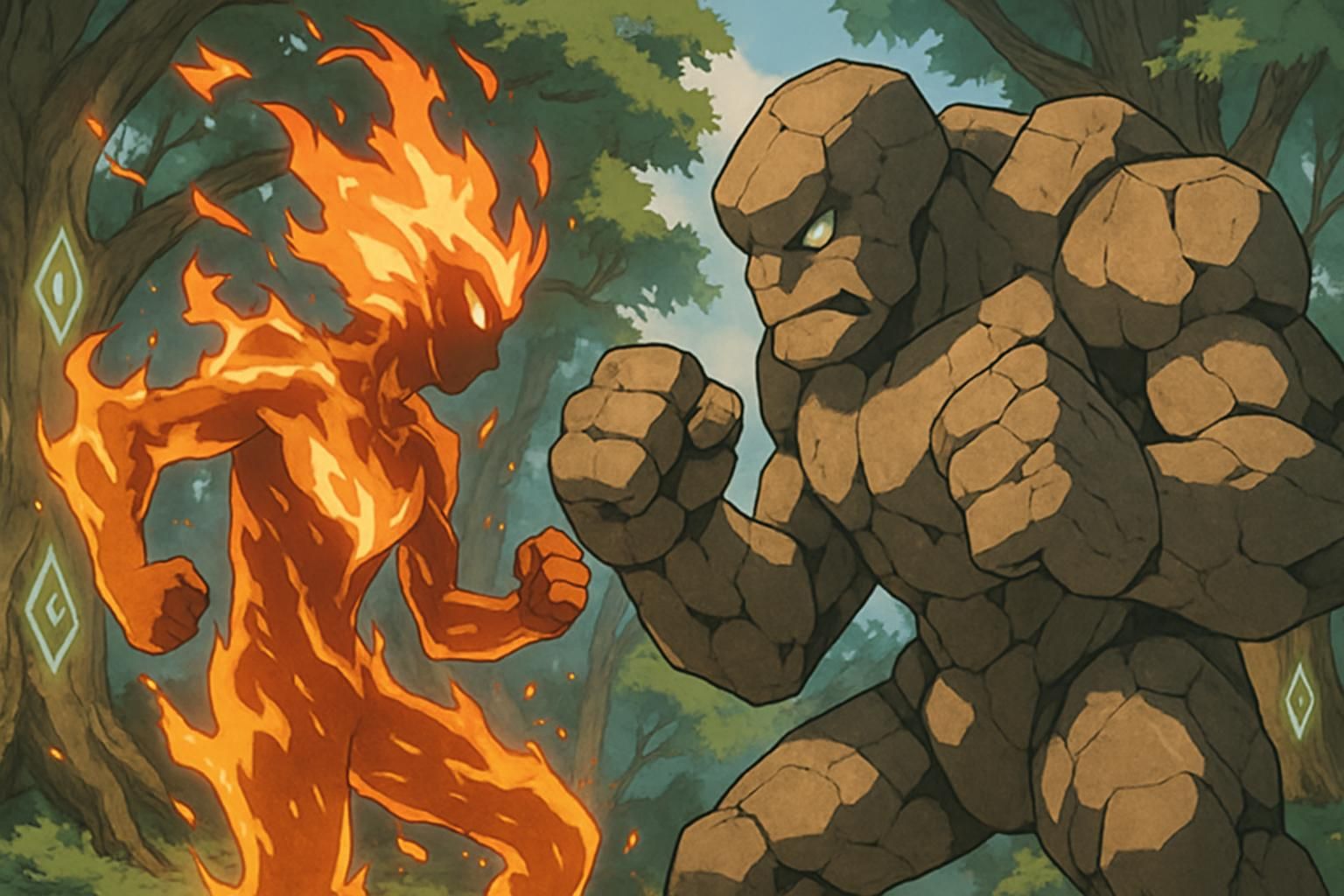 A fire elemental clashes with an earth elemental in a dramatic battle. A fire elemental clashes with an earth elemental in a dramatic battle.