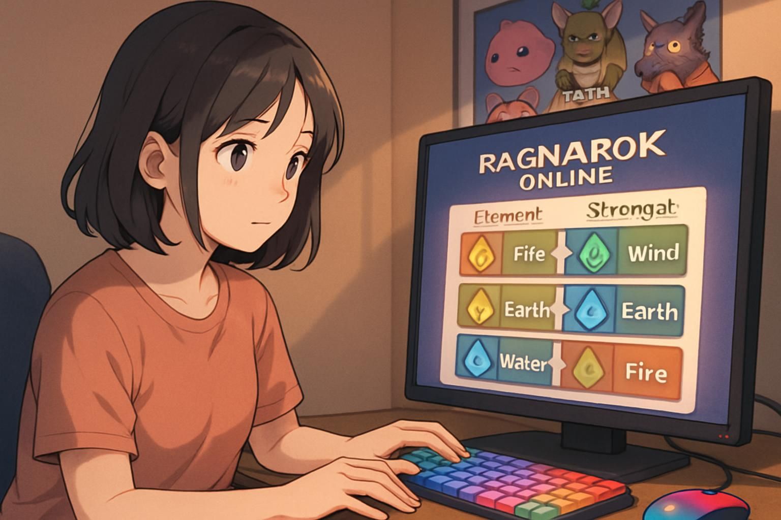 A young woman studies a glowing game interface in a vibrant gaming setup.