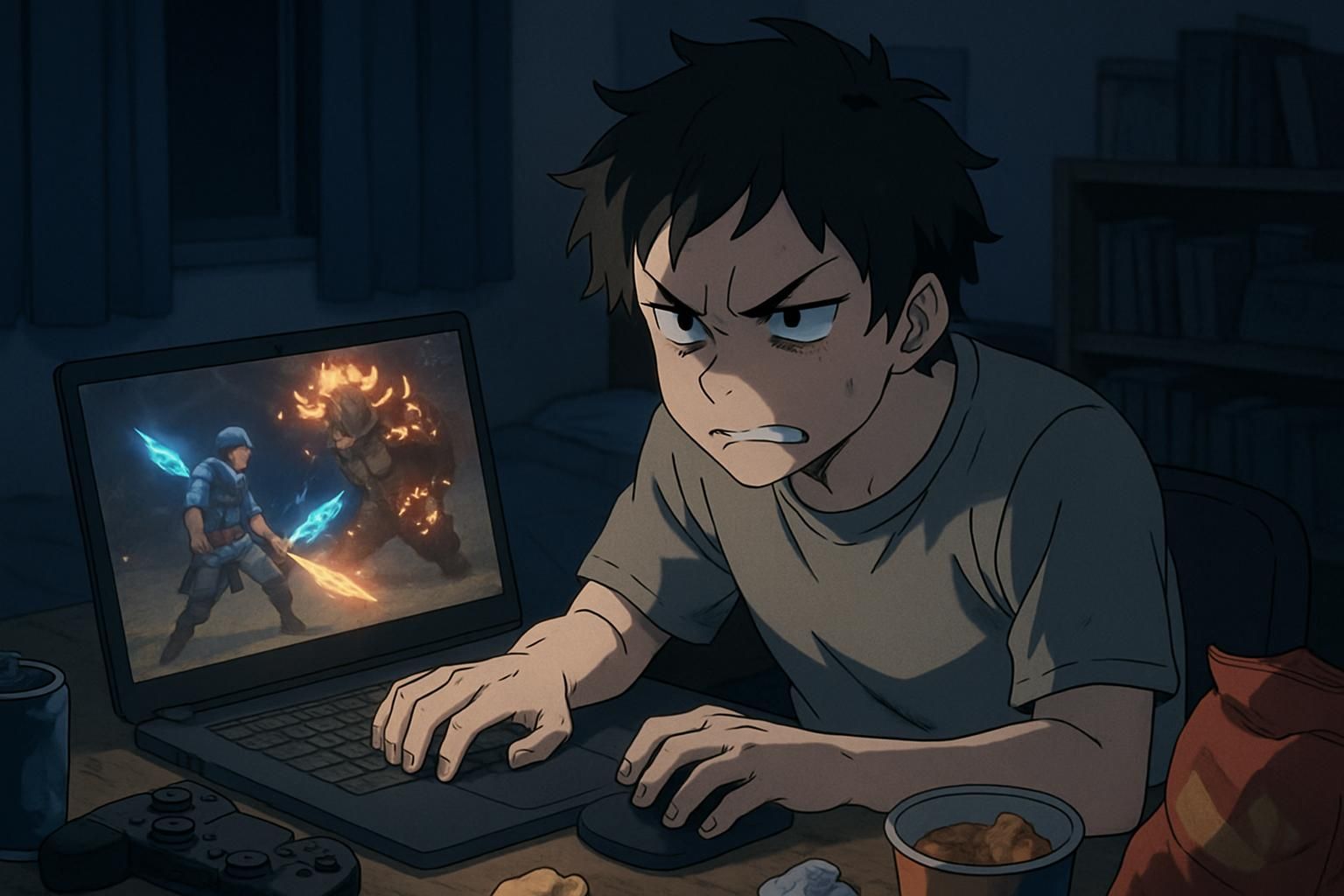 A frustrated gamer intensely focuses on a screen during a late-night session. A frustrated gamer intensely focuses on a screen during a late-night session.