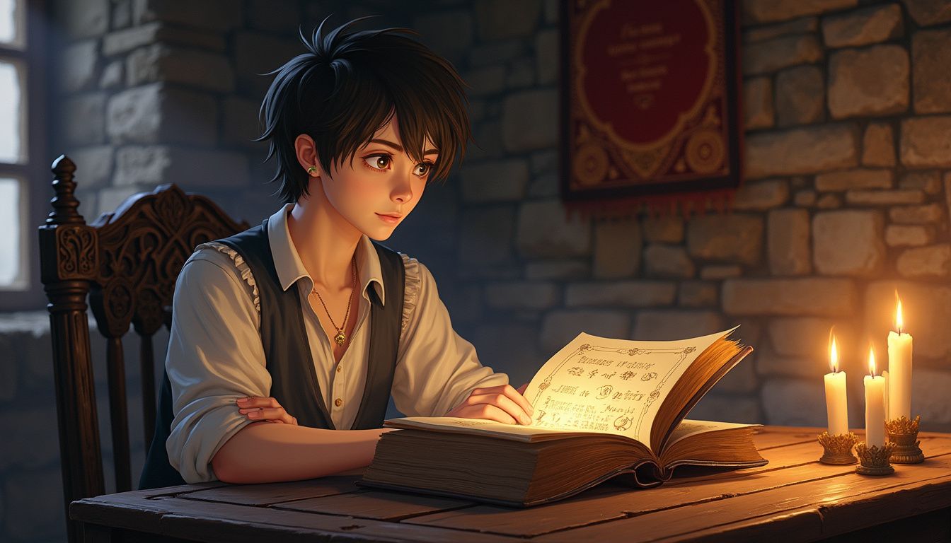 A young adult reads an ancient glowing tome in a medieval setting. A young adult reads an ancient glowing tome in a medieval setting.