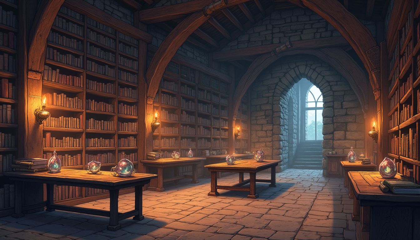 An ancient wizard guild hall filled with magical tomes and artifacts. An ancient wizard guild hall filled with magical tomes and artifacts.