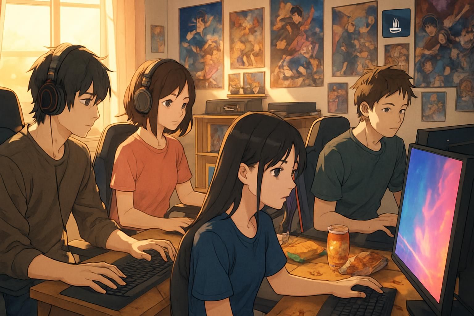 A group of gamers enjoy a cozy, cluttered gaming room together. A group of gamers enjoy a cozy, cluttered gaming room together.