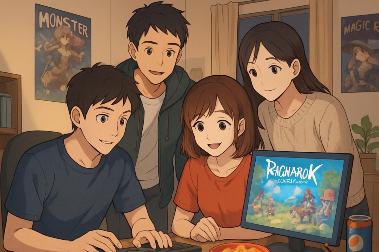 Four friends enjoy gaming together in a cozy, inviting room. Four friends enjoy gaming together in a cozy, inviting room.