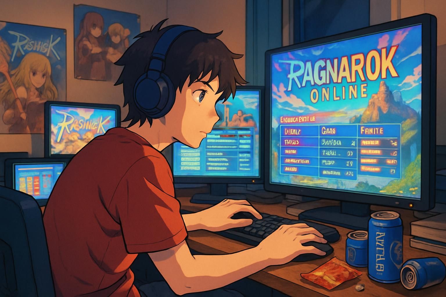 A gamer intensely studies vibrant Ragnarok Online server information at their desk. A gamer intensely studies vibrant Ragnarok Online server information at their desk.