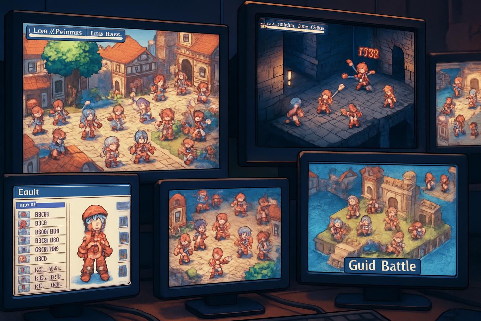 Vibrant anime scene of glowing monitors showcasing dynamic pixel art gameplay. Vibrant anime scene of glowing monitors showcasing dynamic pixel art gameplay.