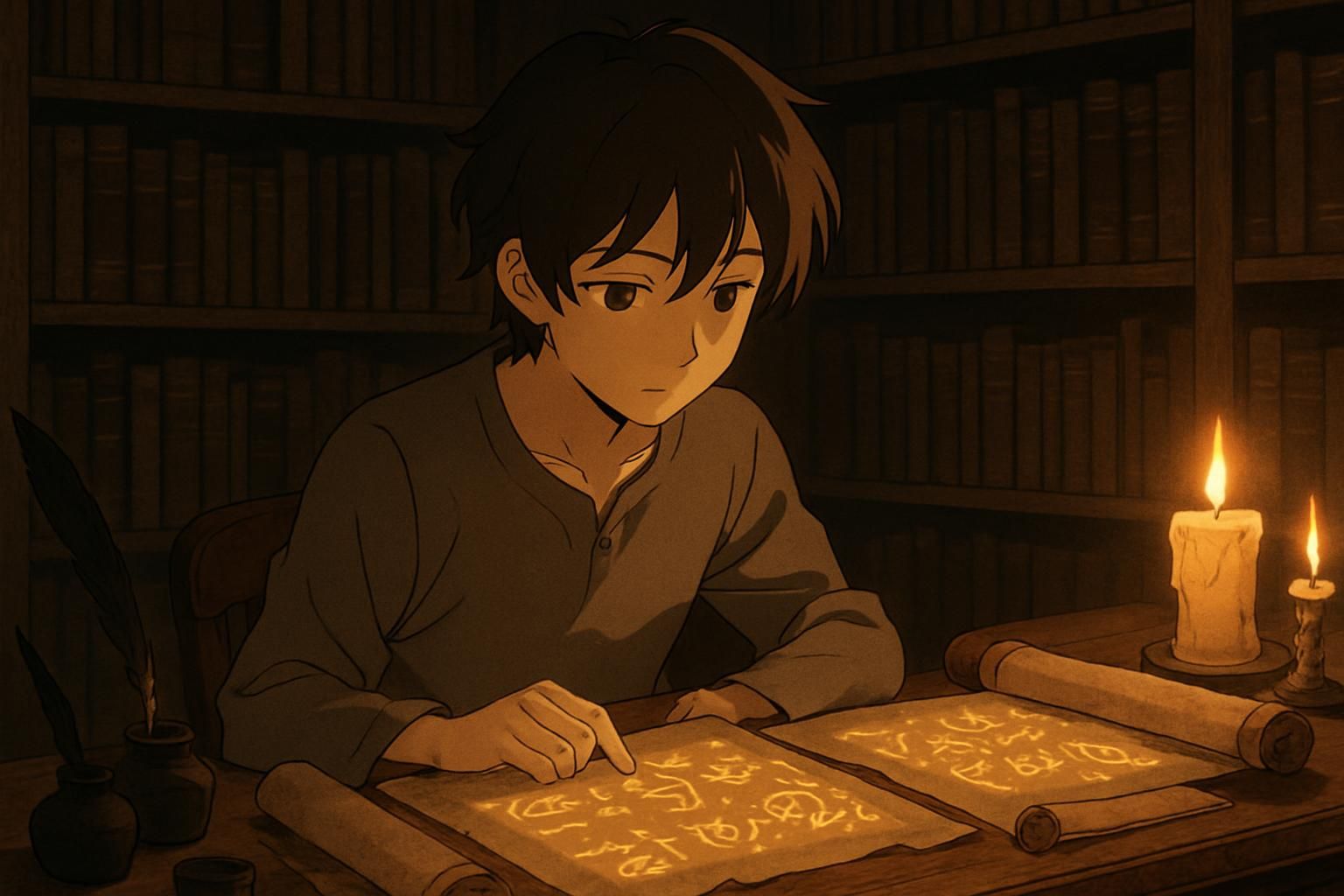 A young person studies glowing scrolls in a cozy library. A young person studies glowing scrolls in a cozy library.