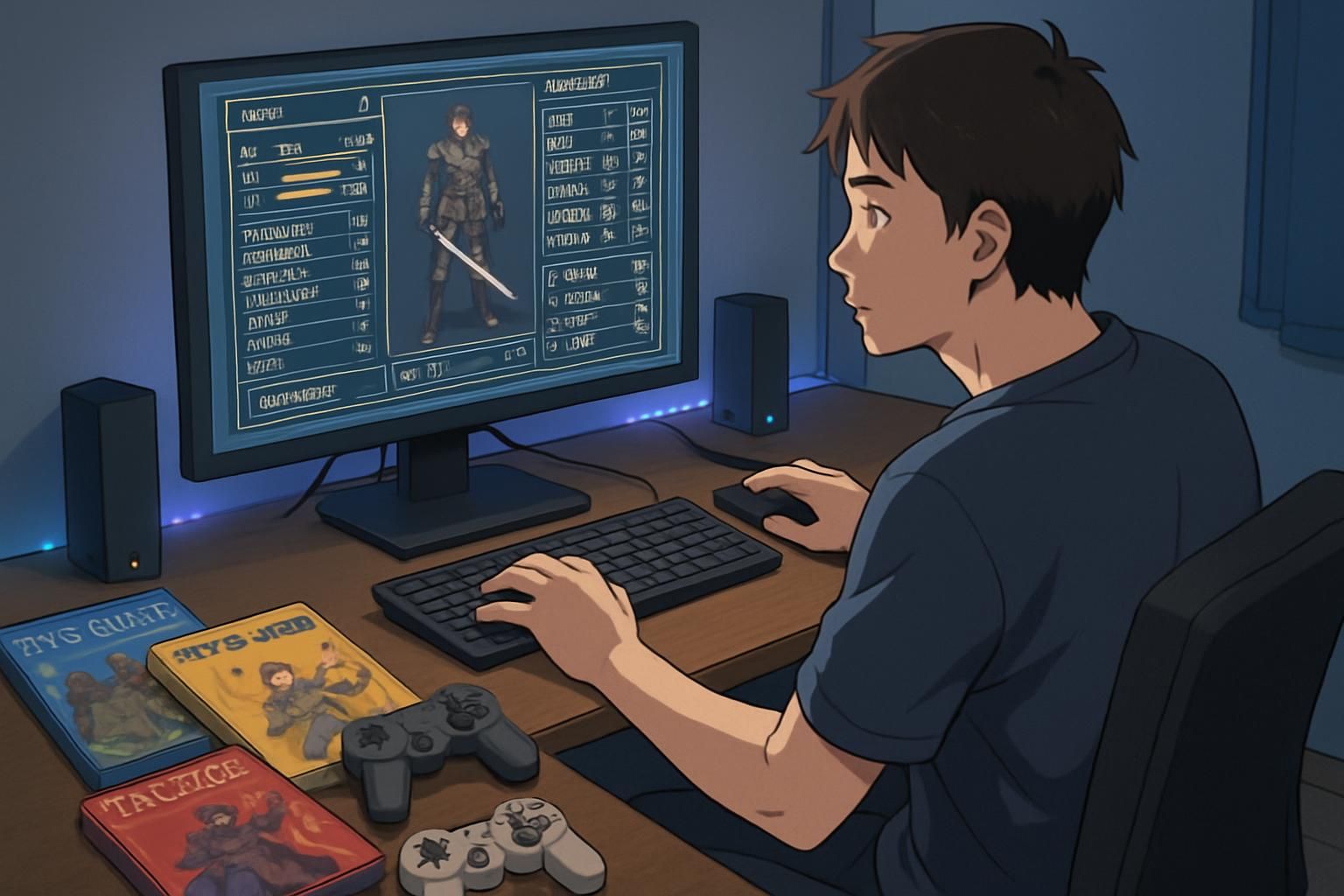 A young adult engrossed in a video game at their desk. A young adult engrossed in a video game at their desk.