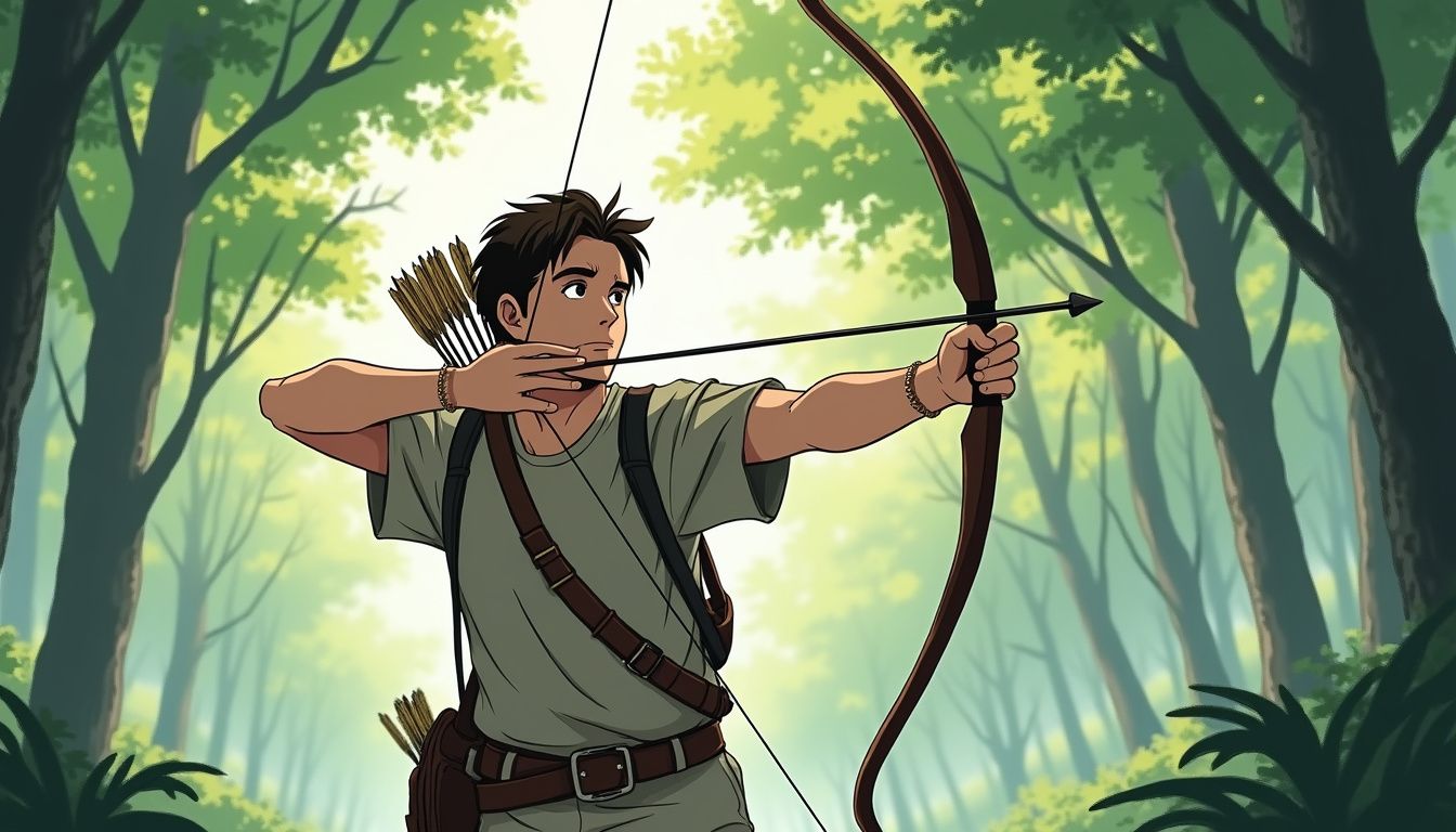 A focused man draws an arrow in a serene forest. A focused man draws an arrow in a serene forest.