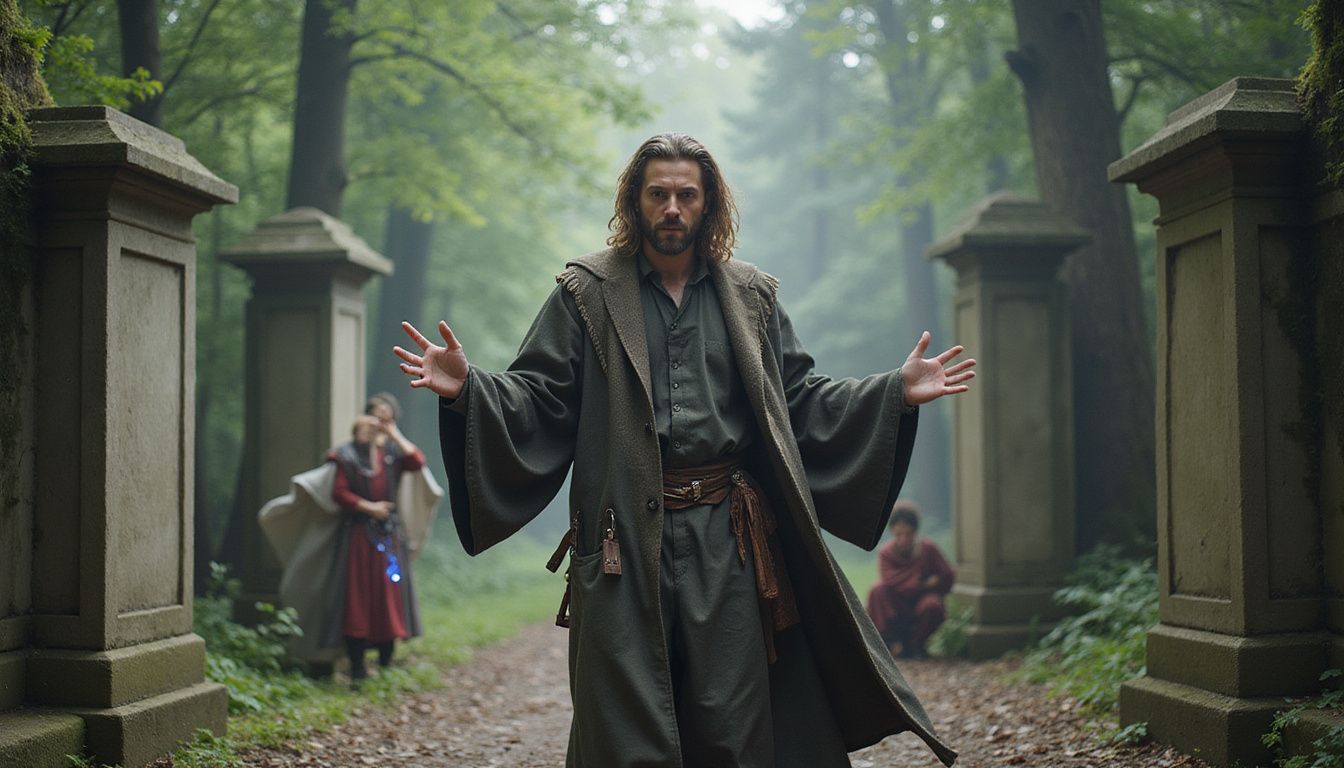 A bewildered wizard amidst dancing relics and confused fantasy cosplayers. A bewildered wizard amidst dancing relics and confused fantasy cosplayers.