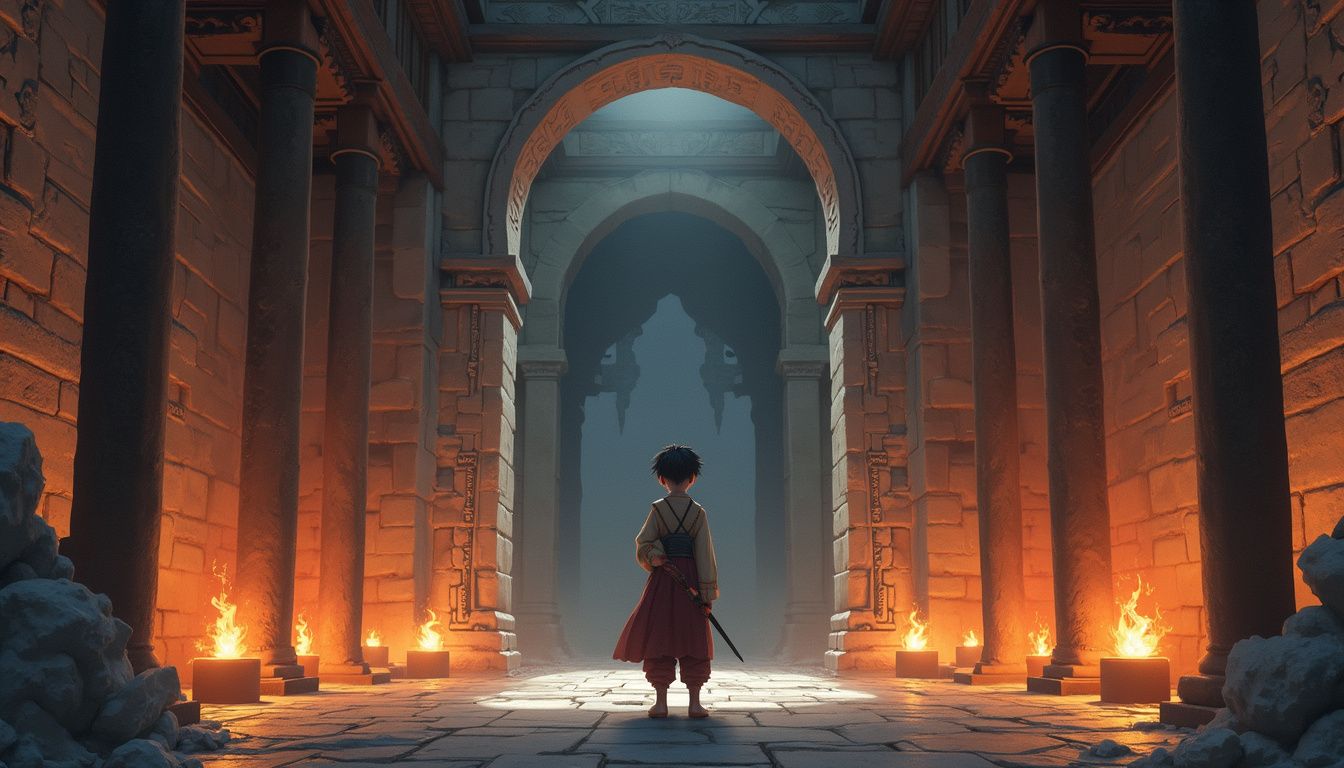 A young character stands confidently in an ancient Assassin Guild hall.