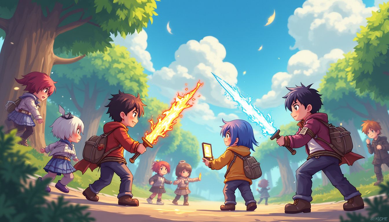 A group of friends intensely plays a vibrant PvP video game.