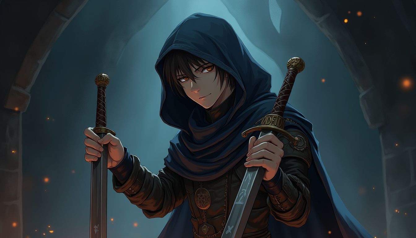 A young rogue stands ready in a shadowy dungeon with glowing daggers. A young rogue stands ready in a shadowy dungeon with glowing daggers.