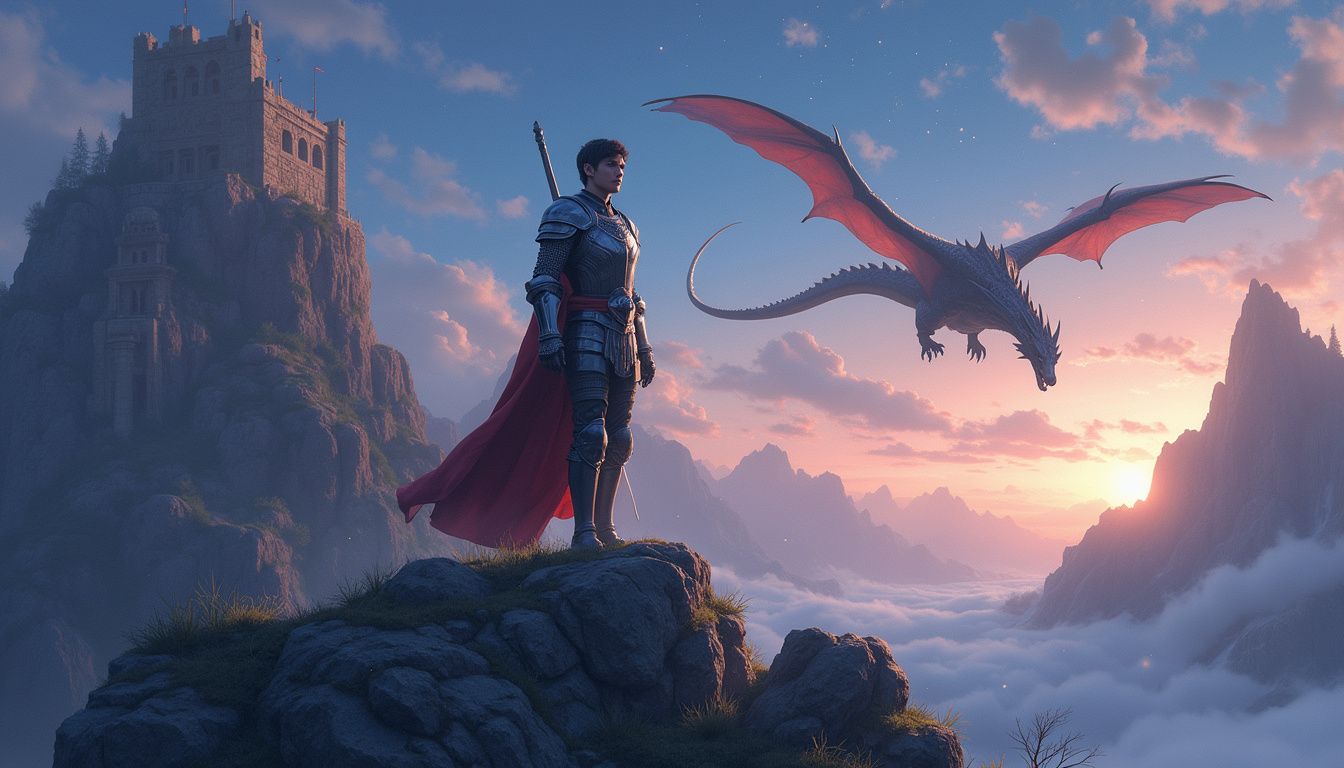 A young knight stands confidently atop a mountain among ancient ruins. A young knight stands confidently atop a mountain among ancient ruins.