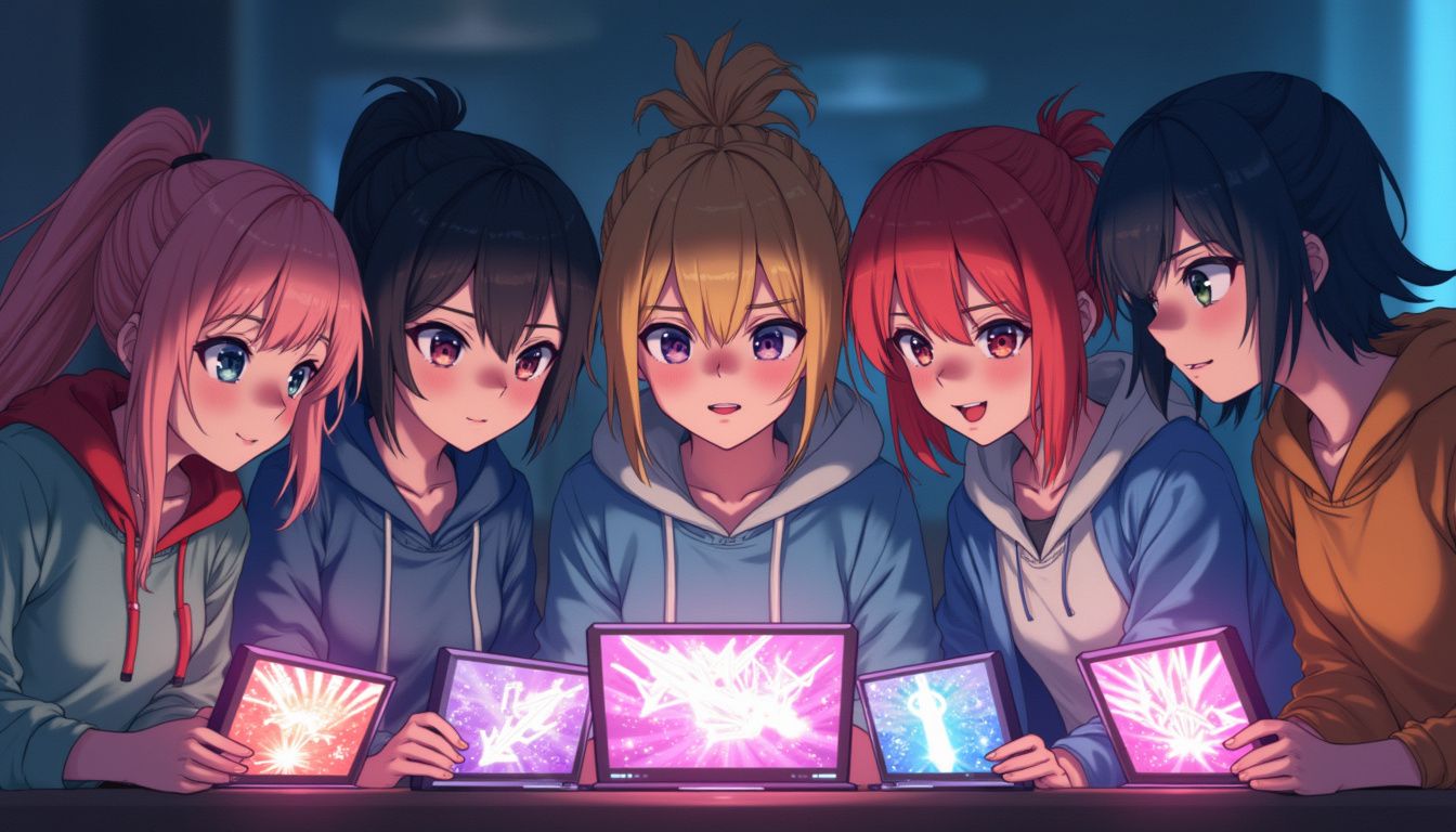 A group of young gamers intensely strategizes over glowing screens.