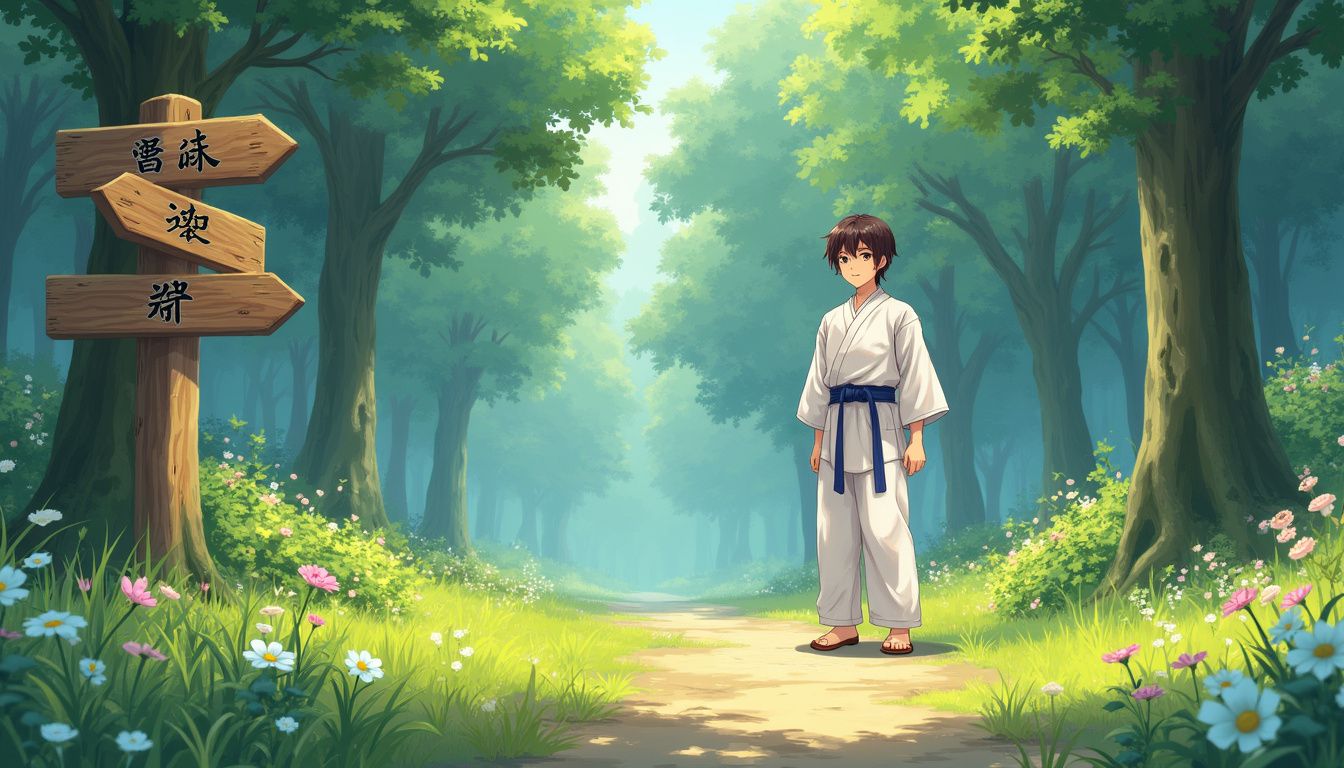 A figure in a Taekwondo uniform stands in a tranquil forest clearing. A figure in a Taekwondo uniform stands in a tranquil forest clearing.